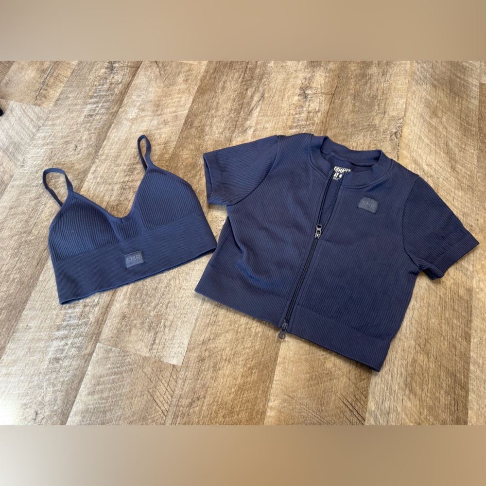 Sommer Ray Light Navy Ribbed Bralette and Zip-Up Top Set